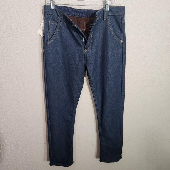 Fleece Lined Jeans Mens 32x30 Blue Dark Wash Denim Thermal Winter Straight Leg - Picture 2 of 16